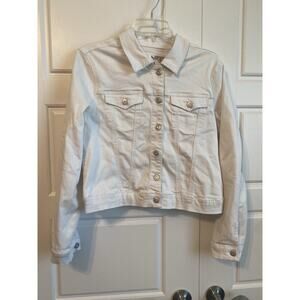 Rhythm in Blues White Denim Jacket Womens SZ L Rhinestone Western Flap Pockets